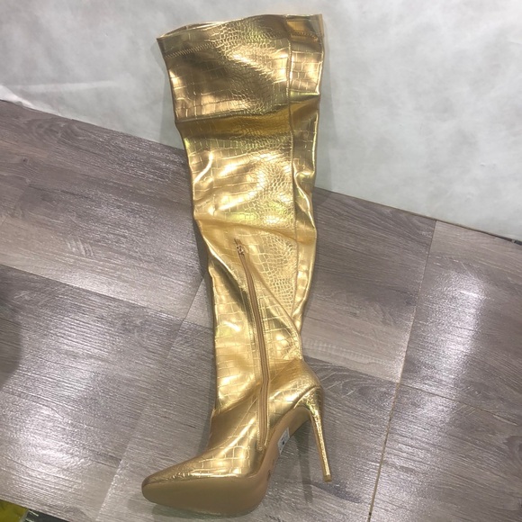 Missguided Tubular Gold Croc Over-the-Knee Thigh Boots New - Picture 1 of 15